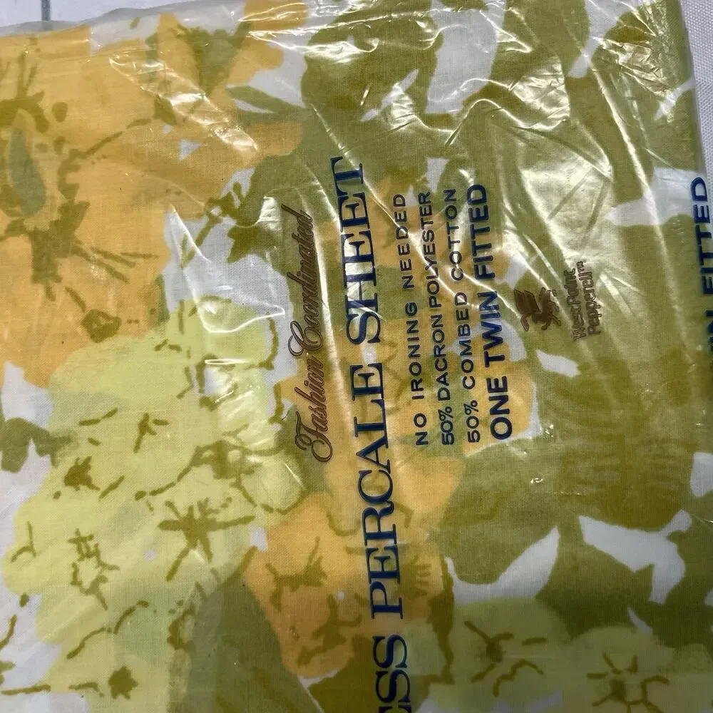 Vintage Martex Luxor Percale Twin Fitted Sheet Set 3pc Yellow Green Pillowcases